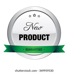 New product seal or icon. Silver seal or button with stars and green banner.