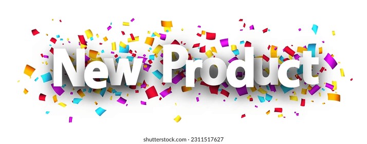 New product sign over colorful cut out ribbon confetti background. Design element. Vector illustration.