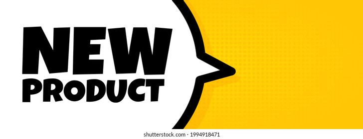 New product. Speech bubble banner with New product text. Loudspeaker. For business, marketing and advertising. Vector on isolated background. EPS 10.