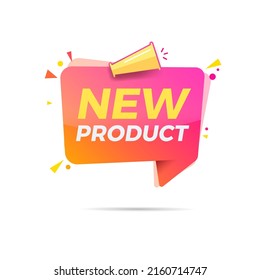 Nuevo texto de producto en etiqueta con megáfono para publicidad de compras