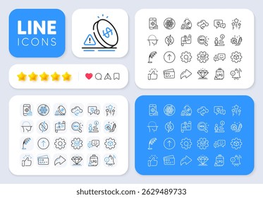 New products, Information bell and Idea lamp line icons for web app. Message, Share, Like social media icons. Pack of Engineering, Cogwheel, Stars pictogram icons. Vector