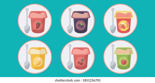 new products isolated symbols cover page. cherry & apple pudding puree dessert icon set. flavor strawberry & banana yoghurt cream on cup flat design vector. fruit blueberry on pot & spoon simple art