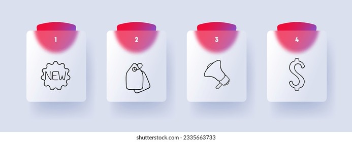 New products line icon. Dollar, novelty, tag, loudspeaker, dollar, announcement. Glassmorphism style. Vector line icon for Business