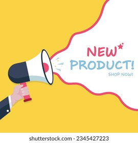 New Products- Male hand holding megaphone. Loudspeaker. Banner for business, marketing and advertising. Vector illustration