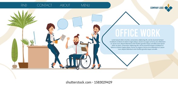 New Profession Professional Training for People with Disabilities Trendy Flat Vector Web Banner, Landing Page. Female Employees, Colleagues Greeting Man in Wheelchair with Job Promotion Illustration