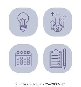 New project for business line icon set. Light bulb, calendar, checklist, income increase. Startup and finance concept. Vector illustrations for web design and apps