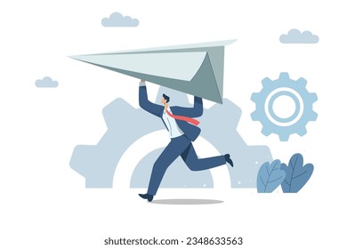 New project launch or starting a new business, burdened and a great duty, requires inspiration and creativity. Businessman running throwing a big paper plane, Vector design illustration.