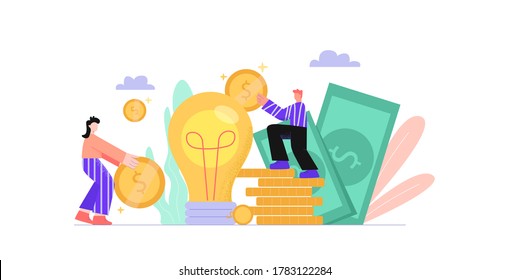 New Project On Crowdfunding Illustration. Fundraising For New Business Idea Product Launch With Social Participation Overall Benefit For Sponsor And Vector Developer.