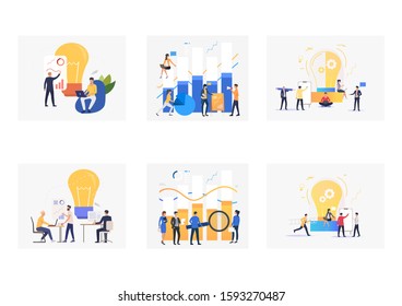 New project presentation set. Business leaders presenting charts near lightbulbs. Flat vector illustrations. Startup, marketing research concept for banner, website design or landing web page