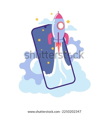 New project. Spaceship start up. Rocket ship takes off with smartphone around clouds and stars. Phone screen. Shuttle launch. Technology development. Business startup