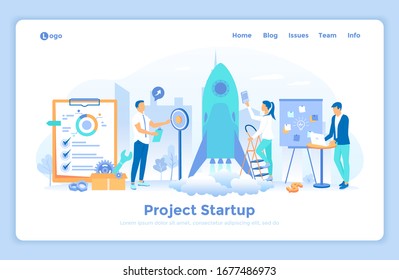 New Project Startup, Financial planning, Idea, Strategy, Management, Realization, Success. Team of specialists launch a rocket into space. landing web page design template decorated with people.