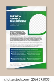 the new project technology corporate brochure template. New business company poster design. green and blue gradient elements isolated on white background. space for photo and circle halftone pattern