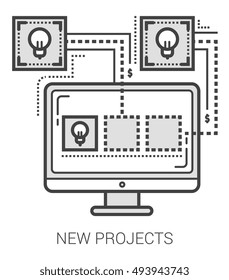New projects infographic metaphor with line icons. New projects concept for website and infographics. Vector line art icon isolated on white background.