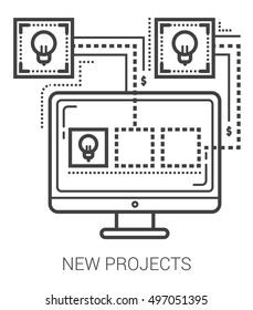 New projects infographic metaphor with line icons. New projects concept for website and infographics. Vector line art icon isolated on white background.