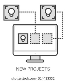 New projects infographic metaphor with line icons. New projects concept for website and infographics. Vector line art icon isolated on white background.
