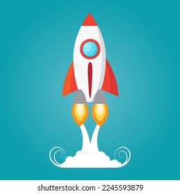 New projects start up concept. Spaceship flies up with sky clouds on blue background. Flat icon. Vector illustration with flying space shuttle. Space travel. Rocket ship launch.