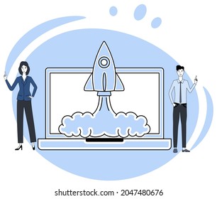 Nuevos proyectos.Desarrollo de startups, creación de proyectos empresariales y lluvia de ideas.Personas en el fondo de un despegue de cohetes.Ilustración vectorial plana.