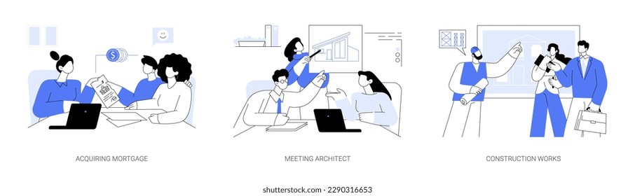 New property building abstract concept vector illustration set. Acquiring mortgage, meeting architect property project and bluepront, construction works, real estate busines abstract metaphor.