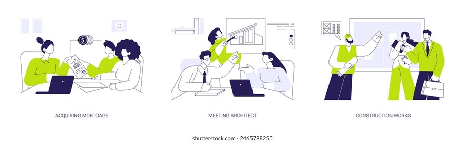 New property building abstract concept vector illustration set. Acquiring mortgage, meeting architect property project and bluepront, construction works, real estate busines abstract metaphor.