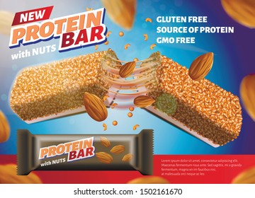 New Protein Bar With Almond Nuts Horizontal Banner, Gluten And GMO Free Energy, Healthy Sport Breakfast, Sweet Granola Cereal Snack Advertising Promo Poster Template, Realistic 3d Vector Illustration