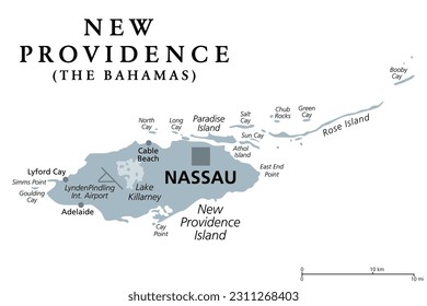 New Providence Island, gray political map, with Nassau, capital of The Bahamas, an island country within the West Indies in the North Atlantic. The capital boundaries are coincident with the island.