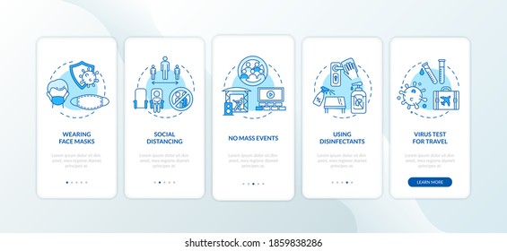 New public rules onboarding mobile app page screen with concepts. Mass events, social distance walkthrough 5 steps graphic instructions. UI vector template with RGB color illustrations
