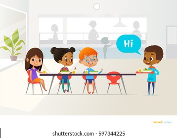 New Pupil Carrying Tray Of Food And Greeting Classmates Sitting At Table In Canteen. Children Having Lunch. Making School Friends Concept. Vector Illustration For Banner, Website, Poster, Flyer.