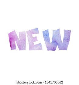New. Purple, violed and pink watercolor textured word "new", vector image. Isolated wihout background.