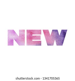 New. Purple, violed and pink watercolor textured word "new", vector image. Isolated wihout background.