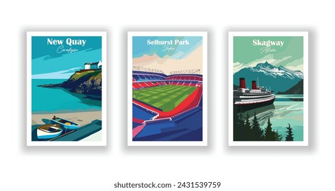 New Quay, Ceredigion. Selhurst Park Stadium. Skagway, Alaska - Set of 3 Vintage Travel Posters. Vector illustration. High Quality Prints