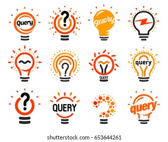 New question mark symbols, flat bright cartoon bulbs. White and orange colors sign. Stylized set of vector lightbulbs, collection colorful logotypes. Query icon, circle logo