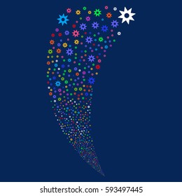 New random fireworks stream. Vector illustration style is flat bright multicolored iconic symbols on a blue background. Object fountain combined from scattered design elements.