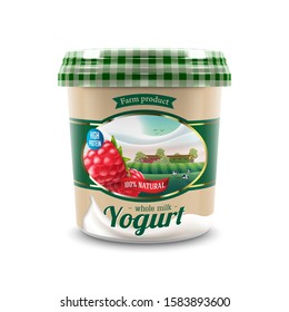 New raspberry flavor cream Yogurt container design with farm styled label with trees and cows, vector illustration for organic cream yogurt product packaging branding or advertising design