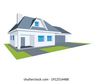 New realistic 3D family cottage. House residence Icon, isolated on white background. Illustration Vector