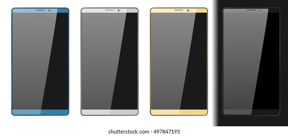New Realistic concept phone white, silver, blue, gold and black cellphone. Easy place image into screen smartphone with shiny layer. Vector. 