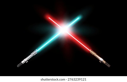New realistic design red and cyan crossed neon swords isolated on black background. Vector illustration