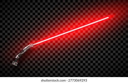 Nueva espada de neón rojo de diseño realista aislada sobre fondo transparente oscuro. Ilustración vectorial