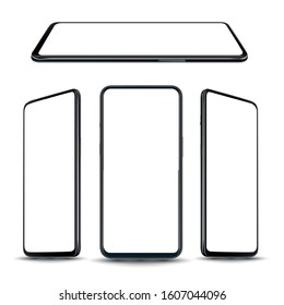 New realistic mobile phone collection smartphone perspective mockups with blank screen isolated on white background. 