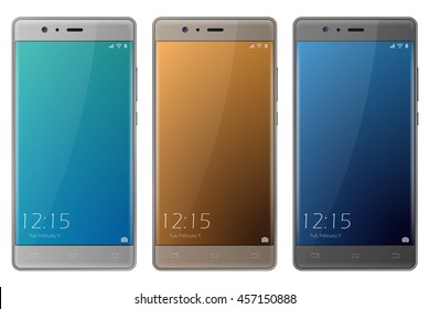 New realistic set of smartphone mockup with blank screen isolated. Gold, silver and gray smartphone. Vector . Dual camera phone with locked screen. 