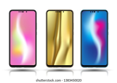 New realistic smartphone collection mockups three colours easy remove screen background and replace you demo. Vector illustration. for printing and web element, Game and application mockup.