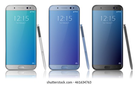 New realistic smartphone collection mockups, isolated. Vector cell phone with edge side style and cellphone with Pen. Blue, silver, black smartphone mockup