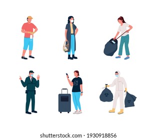 New reality flat color vector faceless character set. Getting rid of covid pandemia rubbish. People in medical masks isolated cartoon illustration for web graphic design and animation