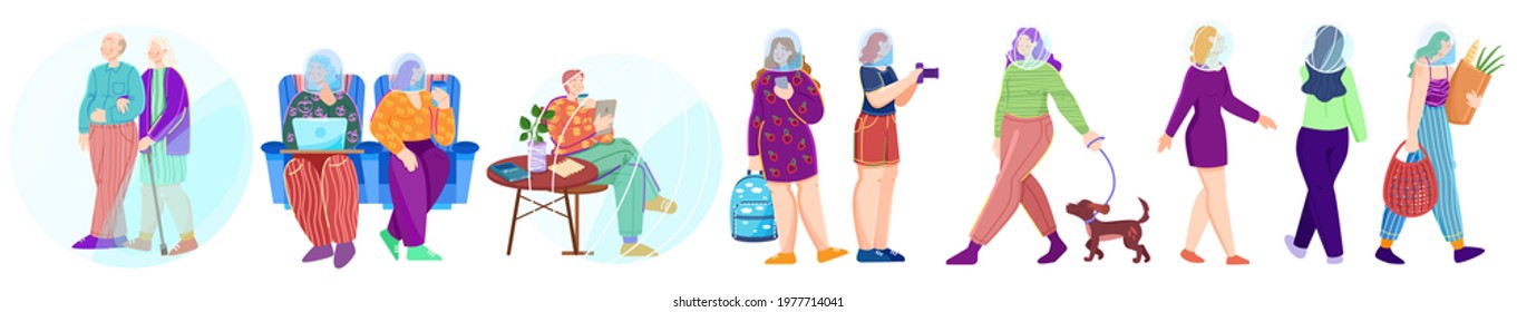 New reality. People live normal lives in the coronavirus. Masked people People concept. Vector illustration