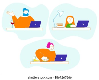 new reality sit at home learn to cook communicate through zoom - man communicates through zoom and drinks wine - distance learning vector illustration