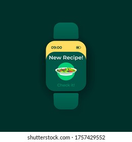 New recipe smartwatch interface vector template. Mobile app notification night mode design. Lunch preparation message screen. Flat UI for application. Fresh snack idea. Smart watch display