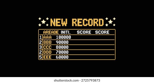 Neue Rekord-Retro-Arcade-Spiel Partitur Bildschirm Pixel Stil Illustration mit Rangliste, High-Score-Tabelle und Gaming-Leistung Konzept