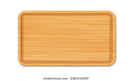 New rectangular wooden cutting board, top view, isolated on white background. Trays or plate of rectangular shapes, natural, eco-friendly kitchen utensils, realistic 3d vector illustration.