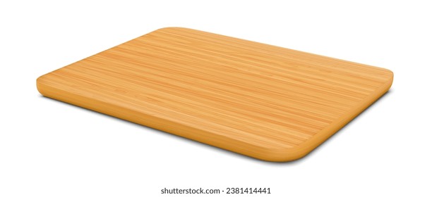 Nuevo tablero de madera rectangular, con vistas laterales, aislado de fondo blanco. Bandejas o placas de formas rectangulares, utensilios de cocina naturales y ecológicos, ilustración 3d vectorial realista.