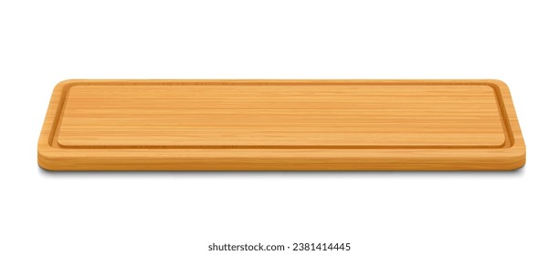 New rectangular wooden cutting board, side view, isolated on white background. Trays or plate of rectangular shapes, natural, eco-friendly kitchen utensils, realistic 3d vector illustration.