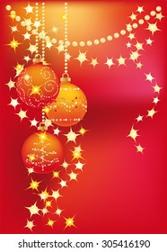 New red background with gold garlands and Christmas tree balls